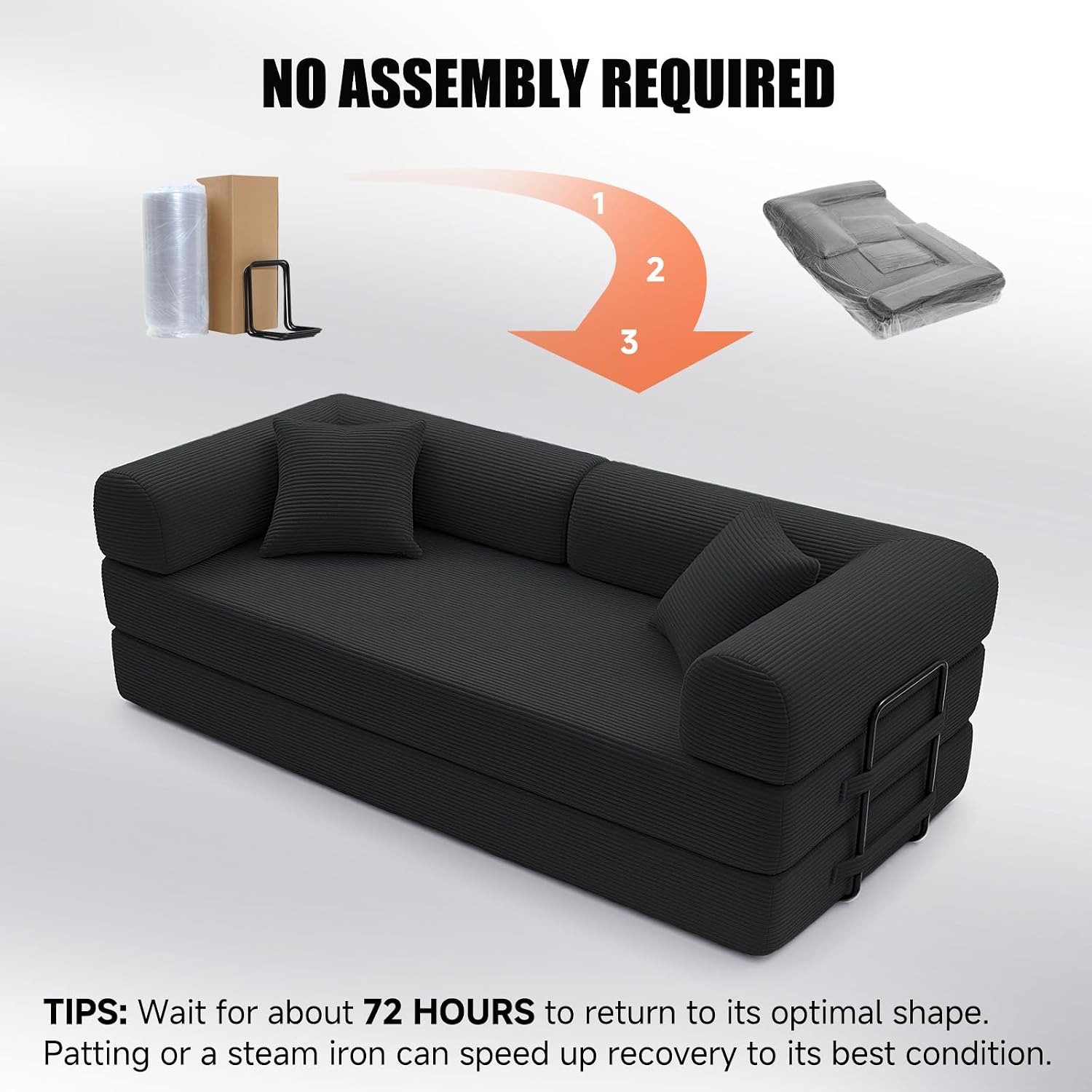 79' Compressed Sofa, Convertible Sofa Bed, Corduroy Compression Boneless Couch with Pillow, Comfy Modular Foldable Floor Sleeper Sofa for Bedroom, Living Room, Lounge, Studio (Black)