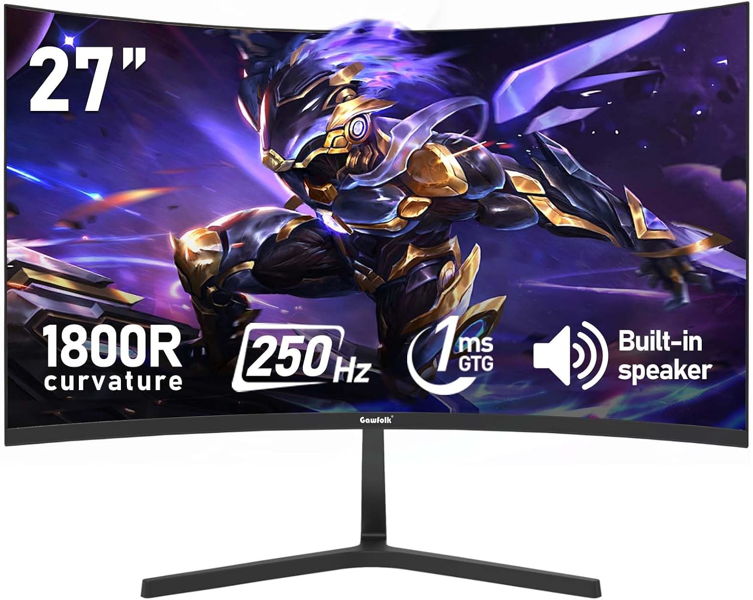 Gawfolk 27 Inch PC Computer Screen,1800R Curved Gaming 250Hz Monitors, FHD 1080p 1ms, Freesync, 98% sRGB,Built-in Speaker, HDMI2.0、DisplayPort, Compatible with Wall-Mounted 100 * 100MM-Black