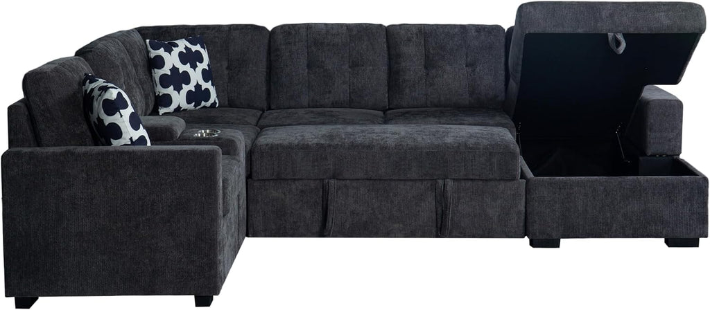 Ball & Cast L-Shape Convertible Sectional Sleeper Sofa Bed 2 in 1 Pull Out Couch with Storage Chaise & Cup Holders,6 Seat Chenille Upholstered Reversible Sleeper Corner Couch for Living Room,Dark Gray