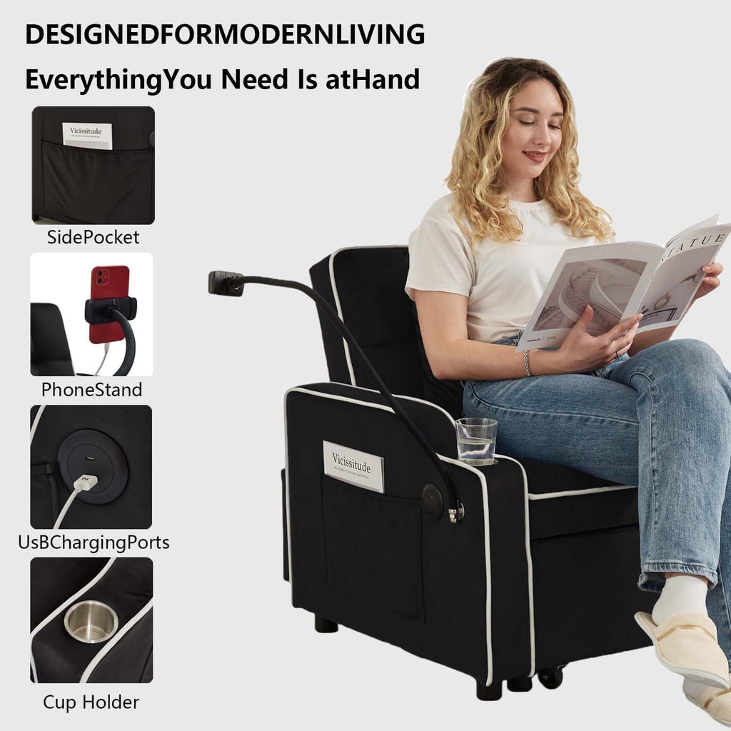 Convertible Sofa Bed, 3 in 1 Futon Sofa Bed with USB Charging Ports, Cup Holder, Phone Stand & Pocket, Modern Upholstered Sleeper Sofa for Living Room, Apartment or Small Space (Black)
