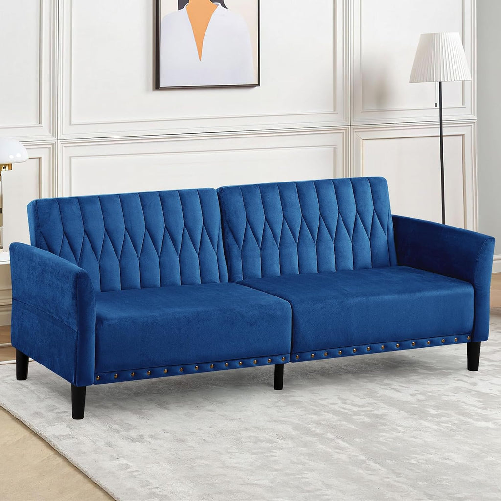 77' Velvet Sofa Bed with Adjustable Armrests and Backrests,Tufted Convertible Futon Couch with Nailhead Trim, Loveseat Modern Velvet Sleeper Sofa for Living Room,Bedroom,Office,Blue