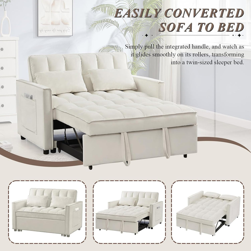 3 in 1 Convertible Sleeper Sofa Bed, Futon Couches for Living Room with Side Pocket/Adjustable Backrest, Velvet Upholstered Pull Out Couch, Small Loveseat Sofa Bed for Bedroom Office Small Spaces