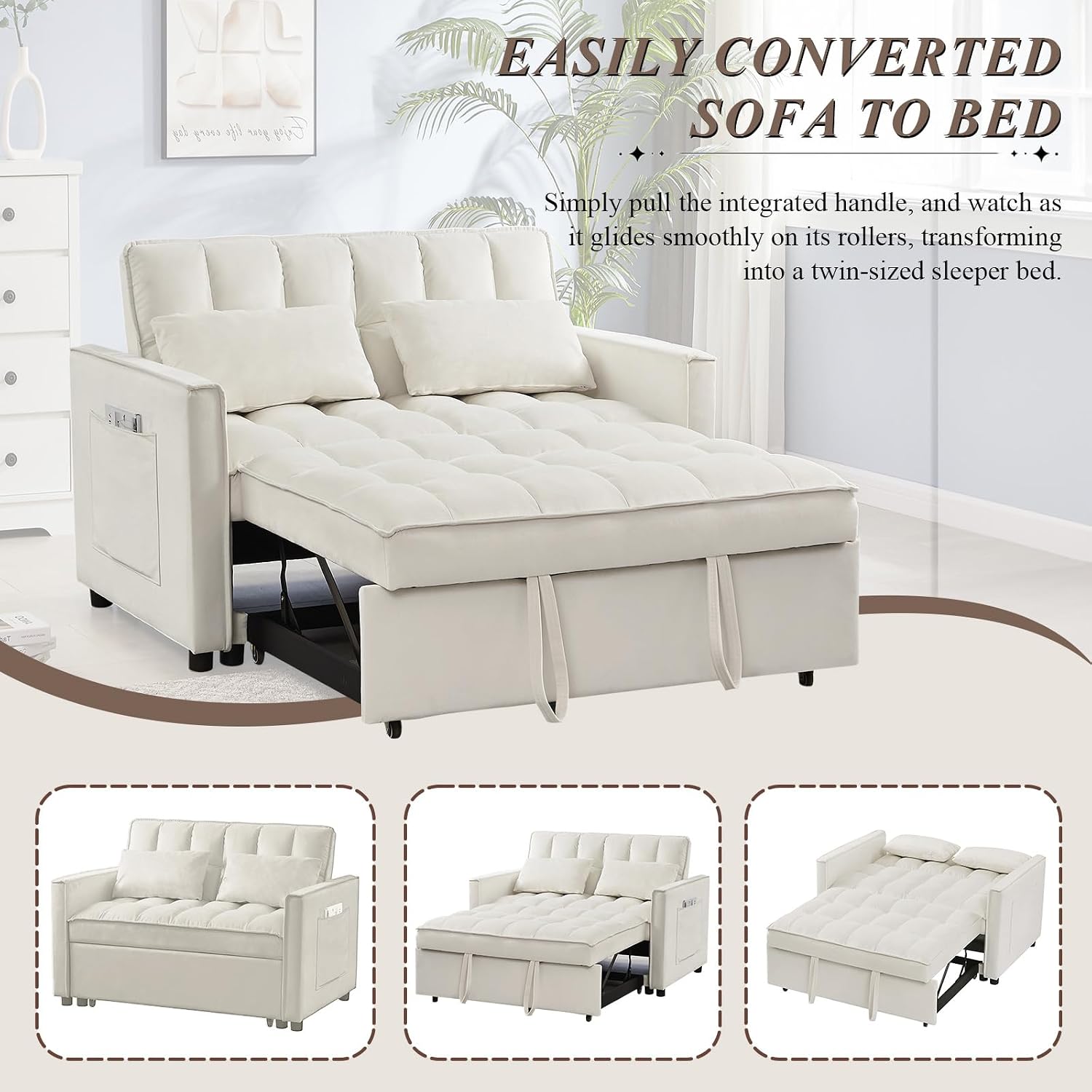 3 in 1 Convertible Sleeper Sofa Bed, Futon Couches for Living Room with Side Pocket/Adjustable Backrest, Velvet Upholstered Pull Out Couch, Small Loveseat Sofa Bed for Bedroom Office Small Spaces