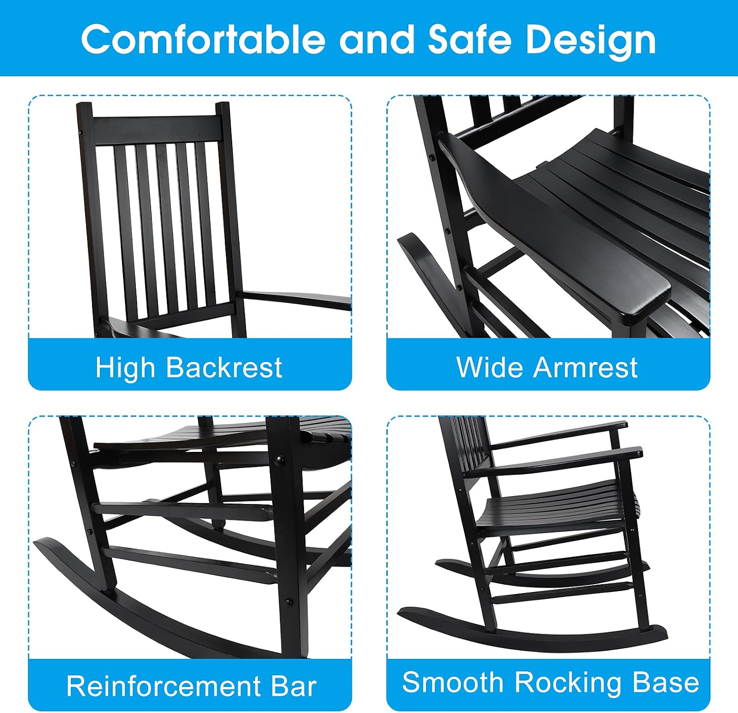 Rocking Chair Wooden Frame Chair Indoor and Outdoor Fade Resistant Rocker with 350lbs Weight Capacity All Weather Porch Rocker for Garden Lawn Balcony Backyard and Patio Porch (2, Black)