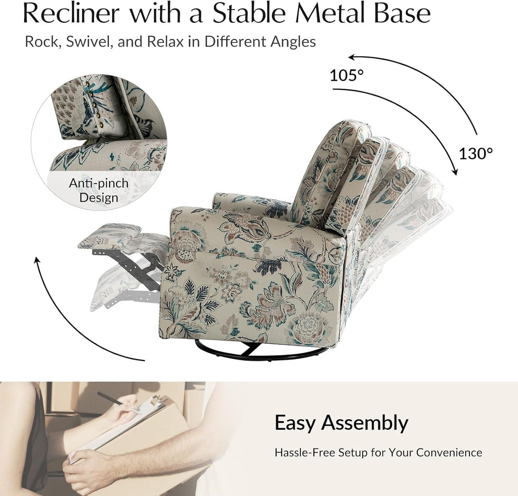 HULALA Home Modern Rocker Recliner, Printed Fabric Swivel Glider with Adjustable Backrest & Footrest, Teal