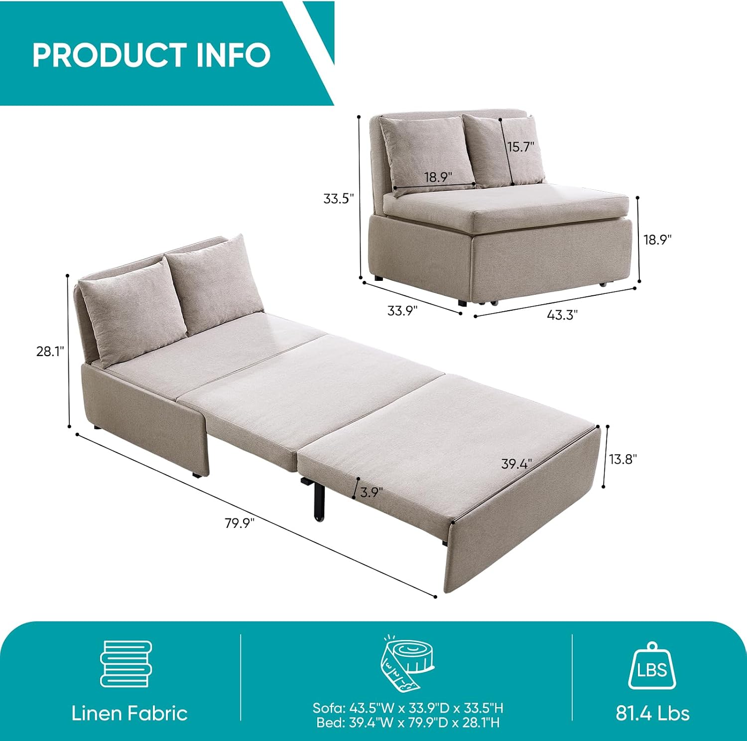 BALUS 43' W Twin Size Pull Out Sleeper Sofa Bed Couch with Pullout Beds, 2 in 1 Convertible Linen Sleepers Single Sofas Chair with Pillows and Foldable Mattress for Small Space Apartment Loft, Beige