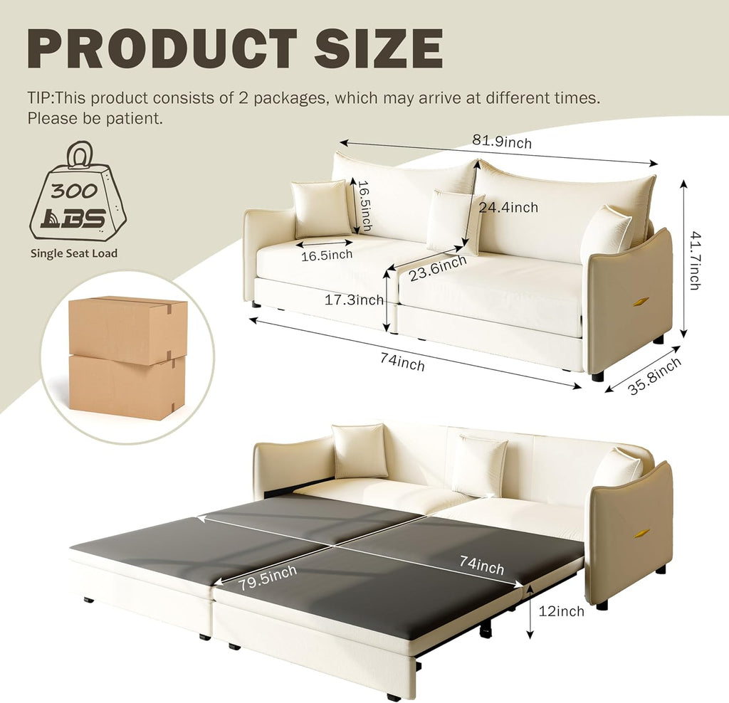 KEIKI 81.9' King Pull Out Sofa Bed, 3-in-1 Convertible Sleeper Sofa for Small Spaces, Modern Velvet 3-Seater Couch with Golden Accents, Space-Saving Solution for Apartments and Living Rooms