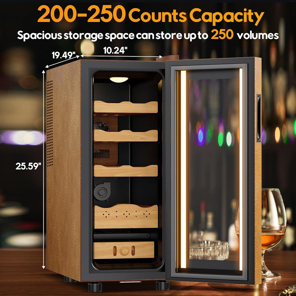 Upgraded 35L Electric Humidor with Leather, 250 Counts Large Capacity,Thermostatic Electric Cooler Cabinet with Digital LED Screen, Safety Lock,Smart Humidity & Temp Control, Gifts for Men