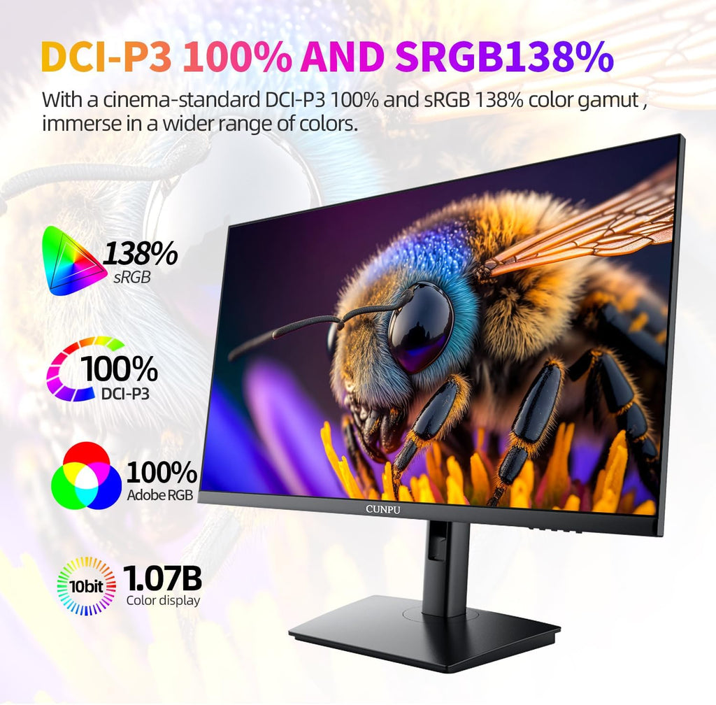CUNPU 27 Inch 4K 70Hz Monitor, UHD (3840 * 2160) IPS Ultra-Slim Bezel Monitor for Photo Video Editing, ΔE < 2, 100% DCI-P3, 1.07B+ Colors, PIP-PBP, Adaptive Sync, DP/HDMI, Black