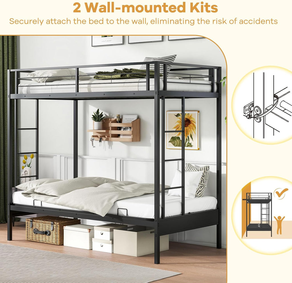 Giantex Twin Over Twin Futon Bunk Bed, Convertible Metal Bunk Bed with Futon Frame, 2 Ladders & Safety Guardrails, Heavy Duty Sofa Couch Beds with Under-Bed Space, for Kids, Teens, Adults, Black
