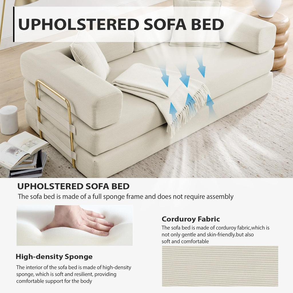 HANXIN 78 Inch Convertible Sleeper Sofa Bed, Folding Floor Mattress Couch with Fixed-Shape Frame, Futon Boneless Couch Lounge Loveseat with Pull Out Bed, No Assembly Required (Beige)