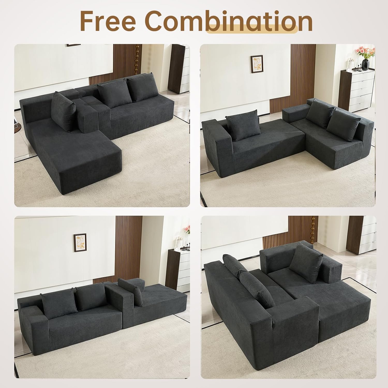 ANONER 103' Modular Sectional Sofa, L-Shaped Boneless Sectional Couch, Modern Minimalist Free Combination Foam Sofa with Deep Seat, Living Room & Apartment Furniture, No Assembly Required, Dark Grey