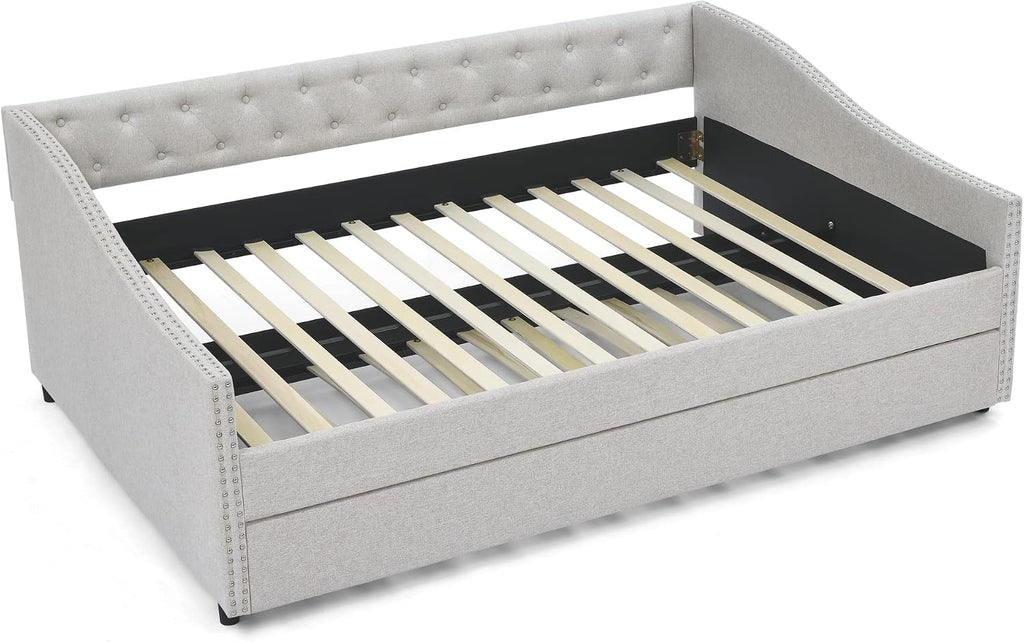 KEIKI Full Size Upholstery Daybed with Trundle and Headboard, Mid-Century Style Tufted Sofa Bed with Button on Back, Easy Assembly, No Box Spring Required, for Living Room and Bedroom, Beige