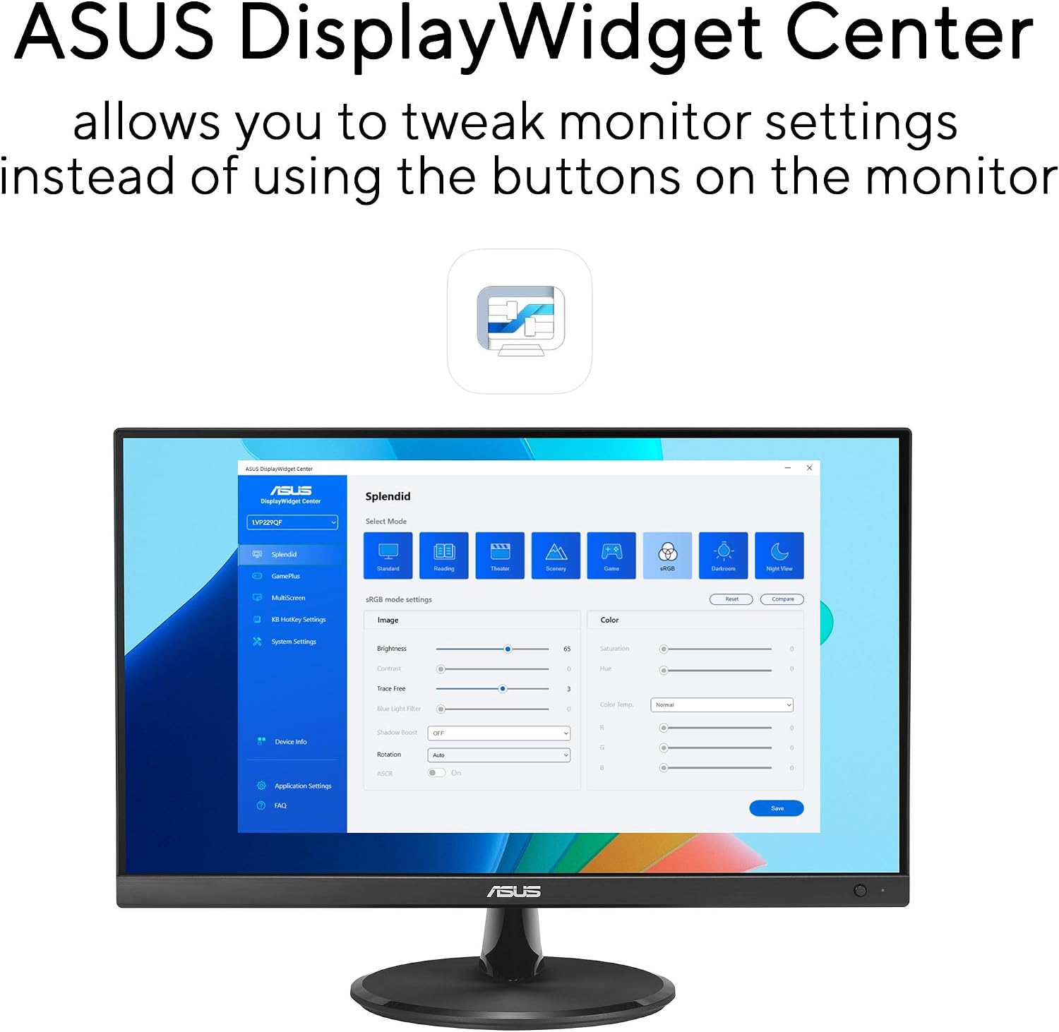 ASUS 22' Eye Care Monitor (VP229QF) – 100Hz, IPS, Full HD, 99% sRGB, Frameless, Adaptive-Sync, DisplayPort, HDMI, Low Blue Light, Flicker Free, Wall Mountable, 3 yr Warranty