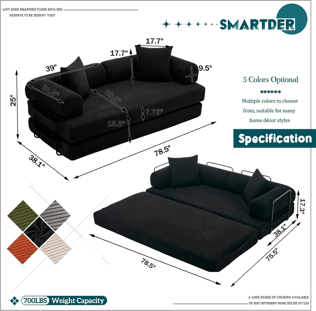 Convertible Folding Sofa Bed, Modular Floor Sofa with Removable Backrest, 3-Seater Fold Out Couch Bed with Pillows, King Size Futon Lazy Couch Corduroy Sleeper for Living Room, Dorm, Black