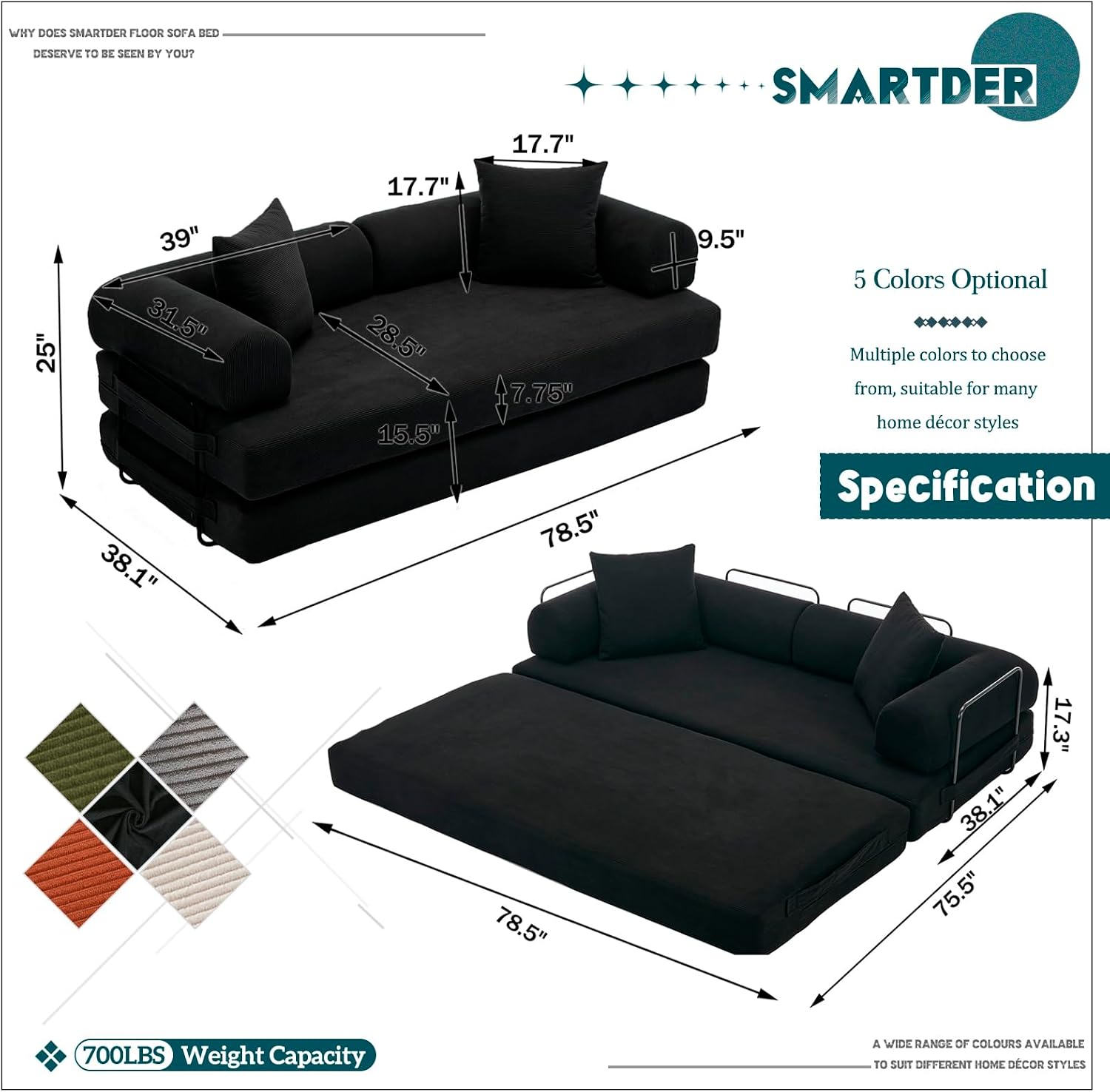 Convertible Folding Sofa Bed, Modular Floor Sofa with Removable Backrest, 3-Seater Fold Out Couch Bed with Pillows, King Size Futon Lazy Couch Corduroy Sleeper for Living Room, Dorm, Black