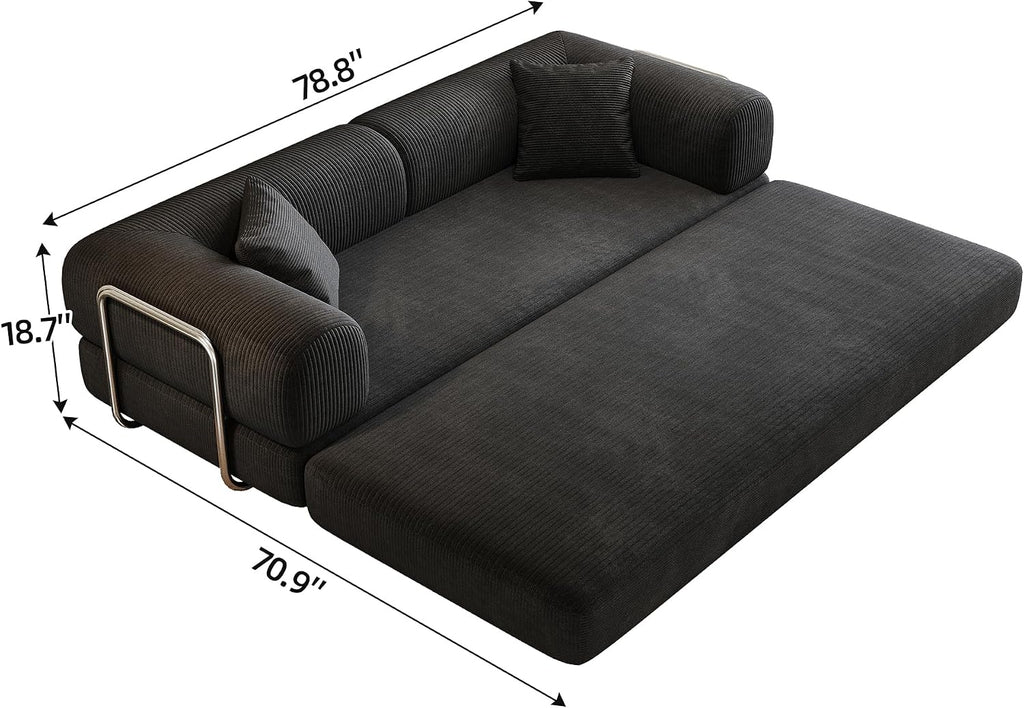 79' Convertible Sofa Bed, Corduroy Folding Pull Out Couch with Pillows, No Assembly Modern Boneless Couch Compression Sofa in Box, Floor Sofa with Support Rods for Living Room,Black