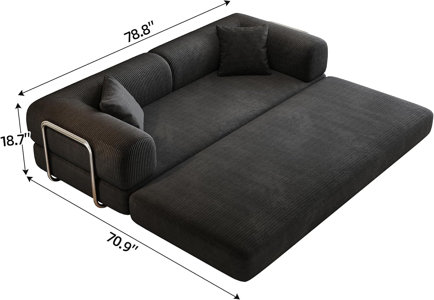 79' Convertible Sofa Bed, Corduroy Folding Pull Out Couch with Pillows, No Assembly Modern Boneless Couch Compression Sofa in Box, Floor Sofa with Support Rods for Living Room,Black