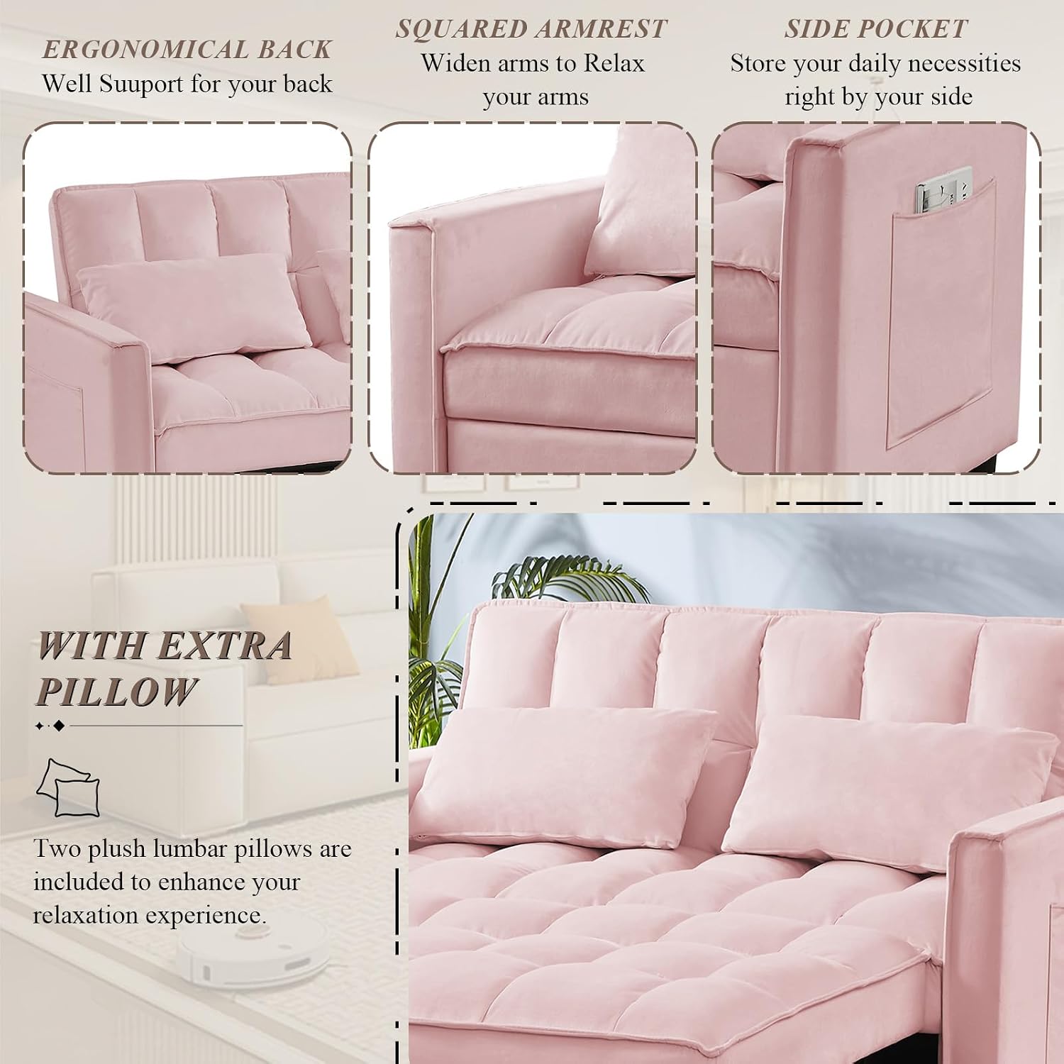 3 in 1 Convertible Sleeper Sofa Bed, Futon Couches for Living Room with Side Pocket/Adjustable Backrest, Velvet Upholstered Pull Out Couch, Small Loveseat Sofa Bed for Bedroom Office Small Spaces