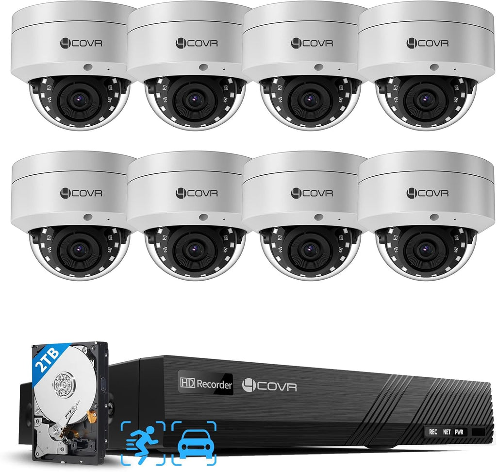 4COVR 4K PoE Security Camera System with Audio, 8X 8MP IK10 Vandal-Proof IP67 Dome IP Camera, 8 Channel 4K NVR 2TB HDD, AI Human Vehicle Detection & Night Vision, 24/7 Home Recording, LY54AX8M0808