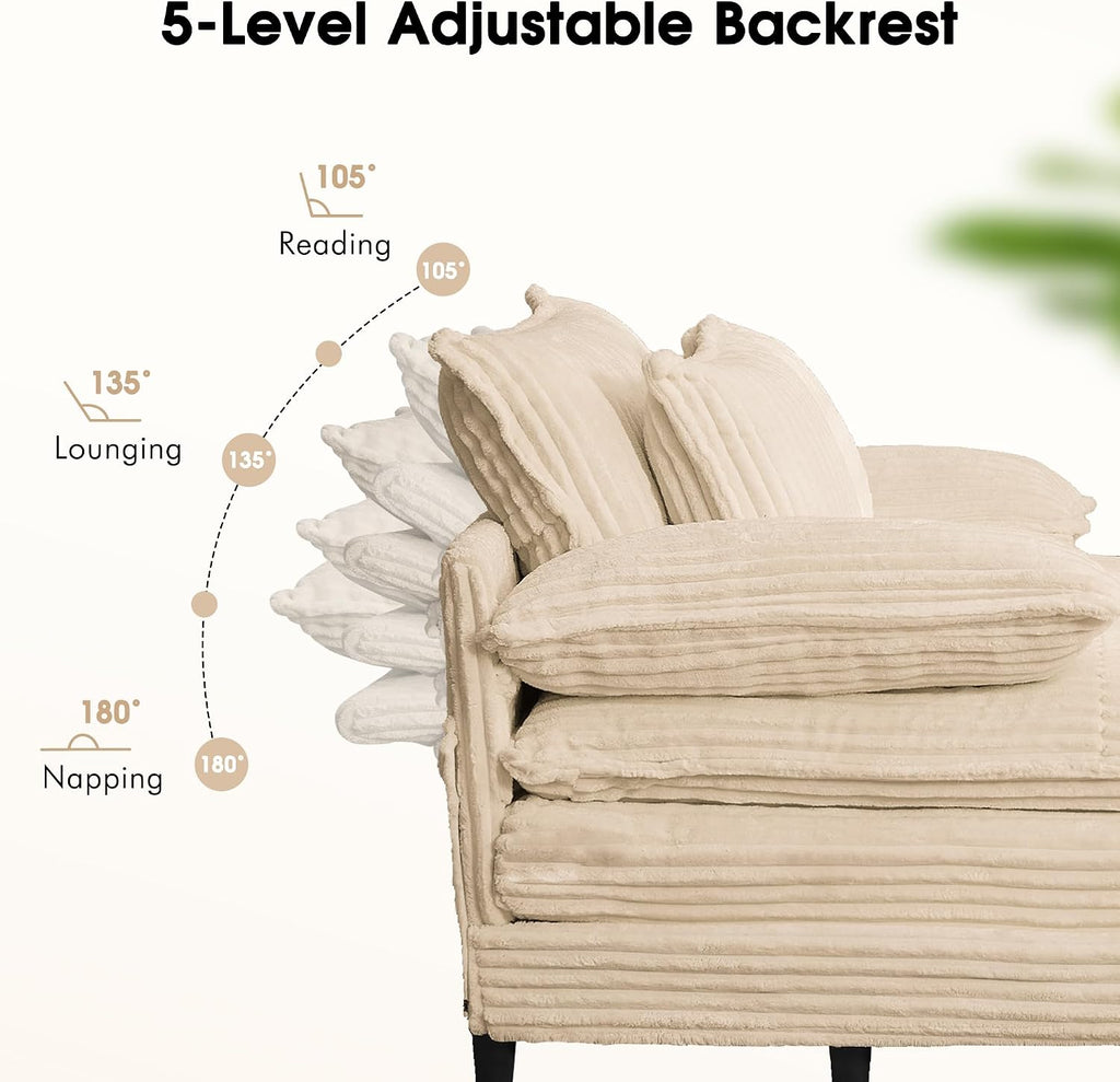 WESTSETLUX 54.8' W Oversized Chaise Lounge Chair Indoor with 5-Position Adjustable Backrest, Corduroy Sleeper Sofa Bed with 3 Pillows, Modern Cloud Couch Chair for Living Room, Bedroom, Khaki