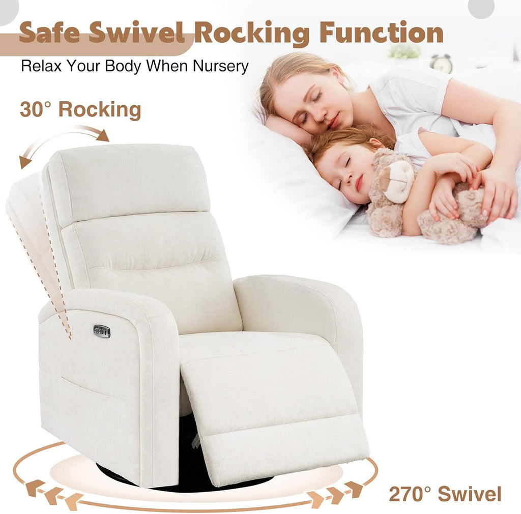 Power Glider Recliner Nursery Chair,Swivel Rocker Recliner with Adjustable Backrest Support,Chenille Nursery Rocking Chairs Recliner with USB and Type-C Ports for Nursery Living Room(Cream White)