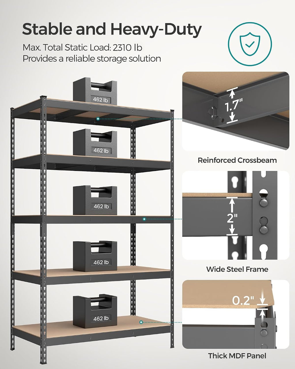 SONGMICS 5-Tier Storage Shelves, Load 2310 lb, Set of 2 Garage Storage, Boltless Assembly, Adjustable Shelving Unit, 23.6 x 47.2 x 70.9 Inches, for Study Shed Basement, Gray UGLR600G02