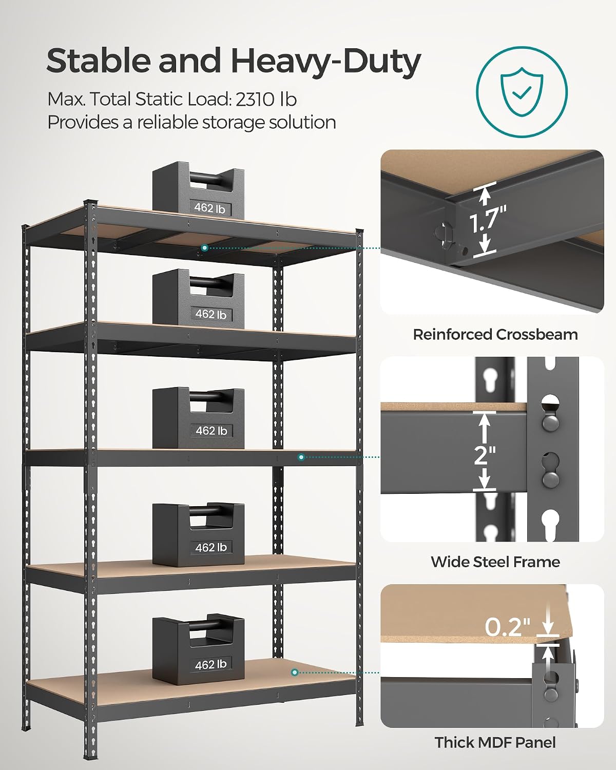 SONGMICS 5-Tier Storage Shelves, Load 2310 lb, Set of 2 Garage Storage, Boltless Assembly, Adjustable Shelving Unit, 23.6 x 47.2 x 70.9 Inches, for Study Shed Basement, Gray UGLR600G02