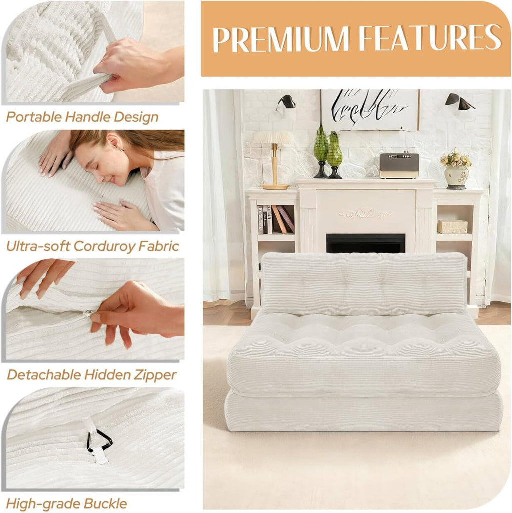 HABUTWAY Folding Sofa Bed, Foldable Floor Sofa Lounge w/Dual-Pillow & Handle, Convertible Sleeper Chair Bed w/Back Support for Living Room, Bedroom, Apartment, Office, Beige, Full