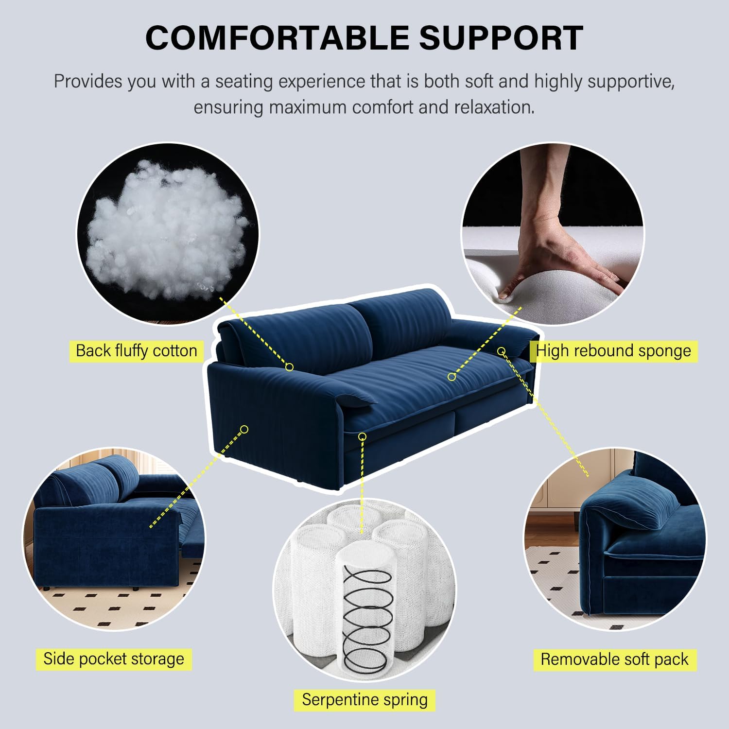 66' Sleeper Sofa Bed Queen Size, 3-in-1 Convertible Couch, Modern Pull Out Couches, Comfy Velvet Futon Sofa, Cloud Loveseat Lounge, Pillow Arm, for Small Spaces, Living Room, Apartment, Blue