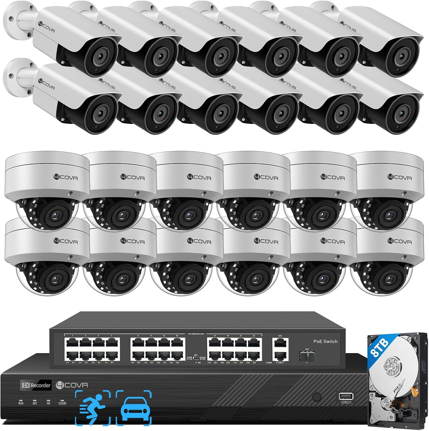 4COVR 4K PoE 32 Channel Security Camera System, 12 Dome IK10 Vandal-Proof 12 Bullet 8MP Commercial IP Camera IP67 Night Vision, AI Human/Vehicle Detection, Business UHD NVR 8TB HDD, LYH54A8M3224