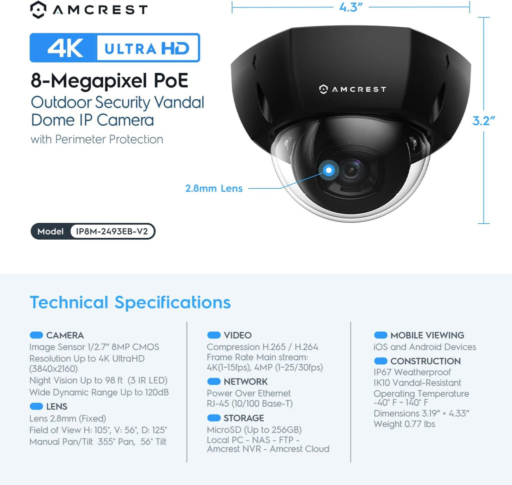 Amcrest 4K 8CH Security Camera System w/ 4K 8CH POE NVR, (4) x 8-Megapixel Dome POE IP Cameras (3840x2160), Pre-Installed 2TB Hard Drive, NV4108E-IP8M-2493EB4-2TB (Black)