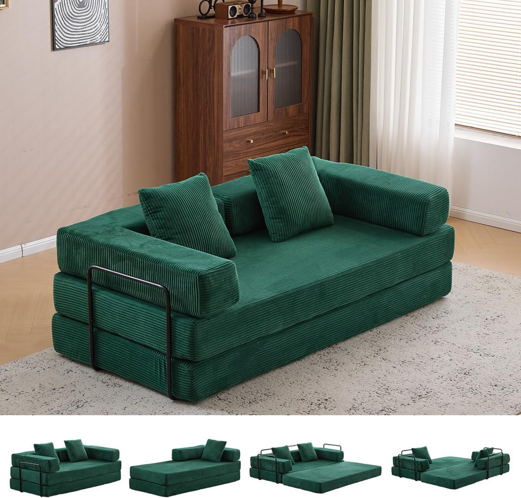 4-in-1 Convertible Folding Sleeper Sofa Bed, Fold Out Floor Sofa Couch with Fixed-Shape Frame, Cloud Corduroy Foldable Mattress Couch for Living Room Bedroom (78.5' Corduroy, Dark Green)