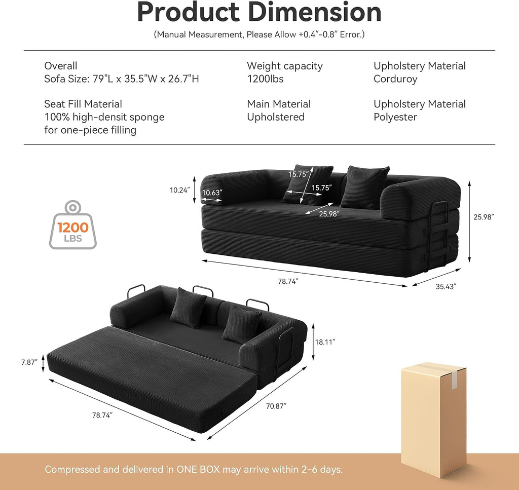 Convertible Sleeper Bed with 2 Cylindrical Pillow, Comfy Foldable Bed Compressed Sofa in Box, Floor Sofa Lounge Couch for Living Room Bedroom Lounge Studio, Tool-Free Assembly (Black)