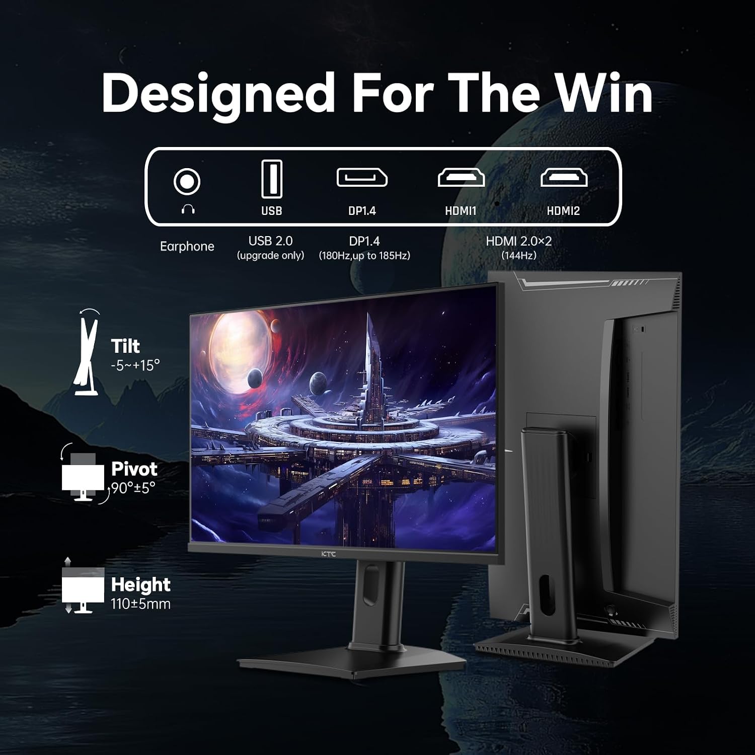 KTC 24 inch Gaming Monitor QHD 180Hz, Fast IPS 1440p Computer Monitor, Up to 185Hz, 1ms, G-Sync/FreeSync, HDR400, Height Adjustable, 2 x HDMI, 1 x DP H24T7 (Renewed)