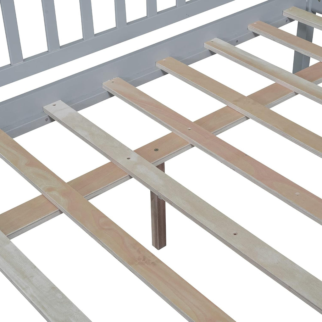Montessori Bed Frame with Fence Railings and 2 Drawers for Kids,Full Size Wood Low Platform Bed Frame with Full-Length Safety Guardrails for Boys Girls,No Box Spring Needed,Grey