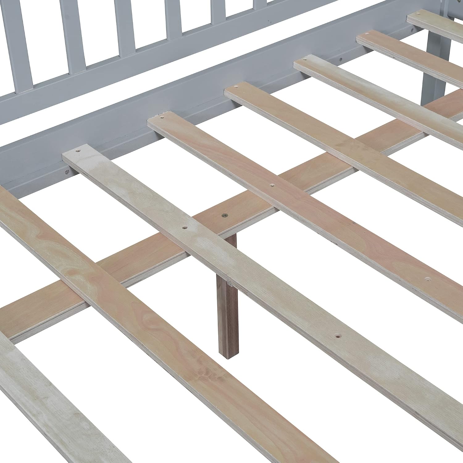 Montessori Bed Frame with Fence Railings and 2 Drawers for Kids,Full Size Wood Low Platform Bed Frame with Full-Length Safety Guardrails for Boys Girls,No Box Spring Needed,Grey