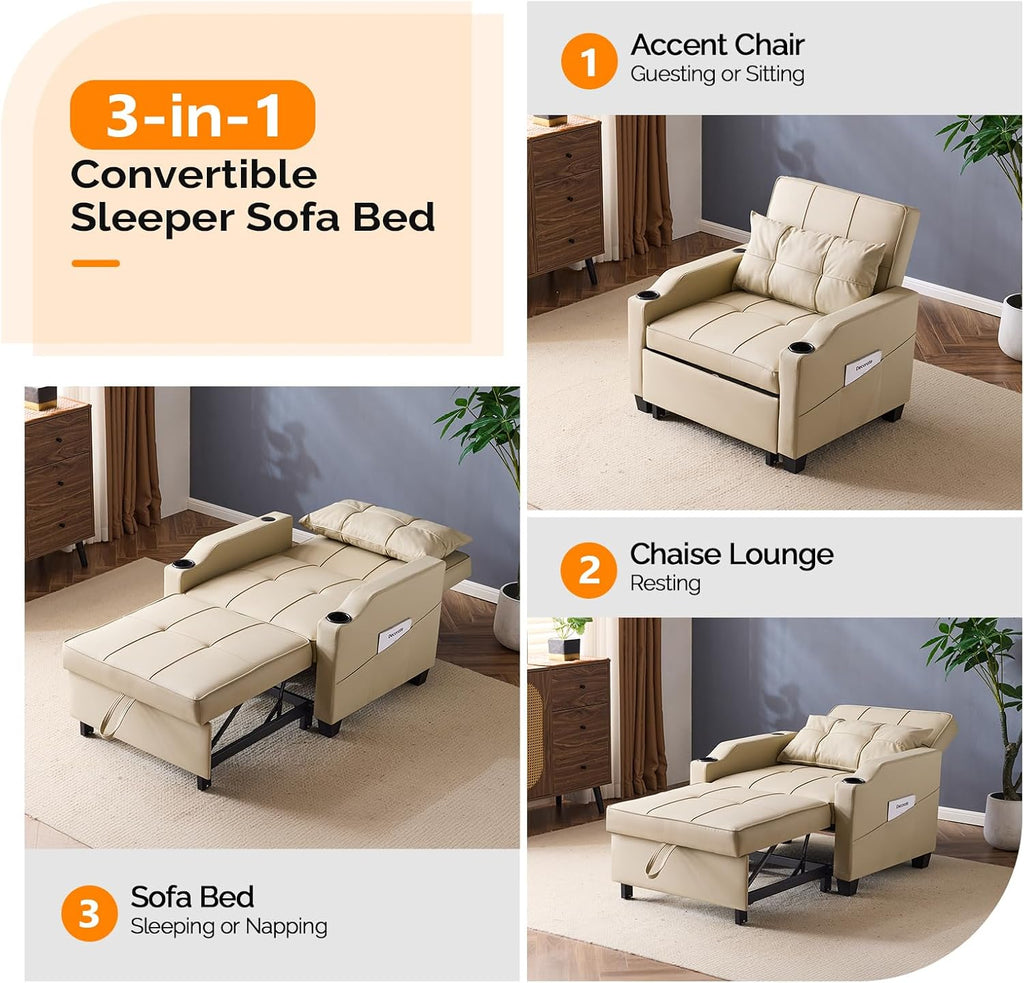 VINGLI Sofa Bed Chair Recliner, 3-in-1 Convertible Sleeper Sofa Chair Bed Beige Daybed Pull Out Couch Bed with Adjustable Backrest, USB Ports, Cup Holders for Small Spaces Living Room
