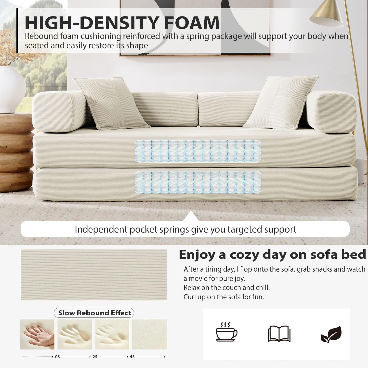 HANXIN 78 Inch Convertible Sleeper Sofa Bed, Folding Floor Mattress Couch with Fixed-Shape Frame, Futon Boneless Couch Lounge Loveseat with Pull Out Bed, No Assembly Required (Beige)