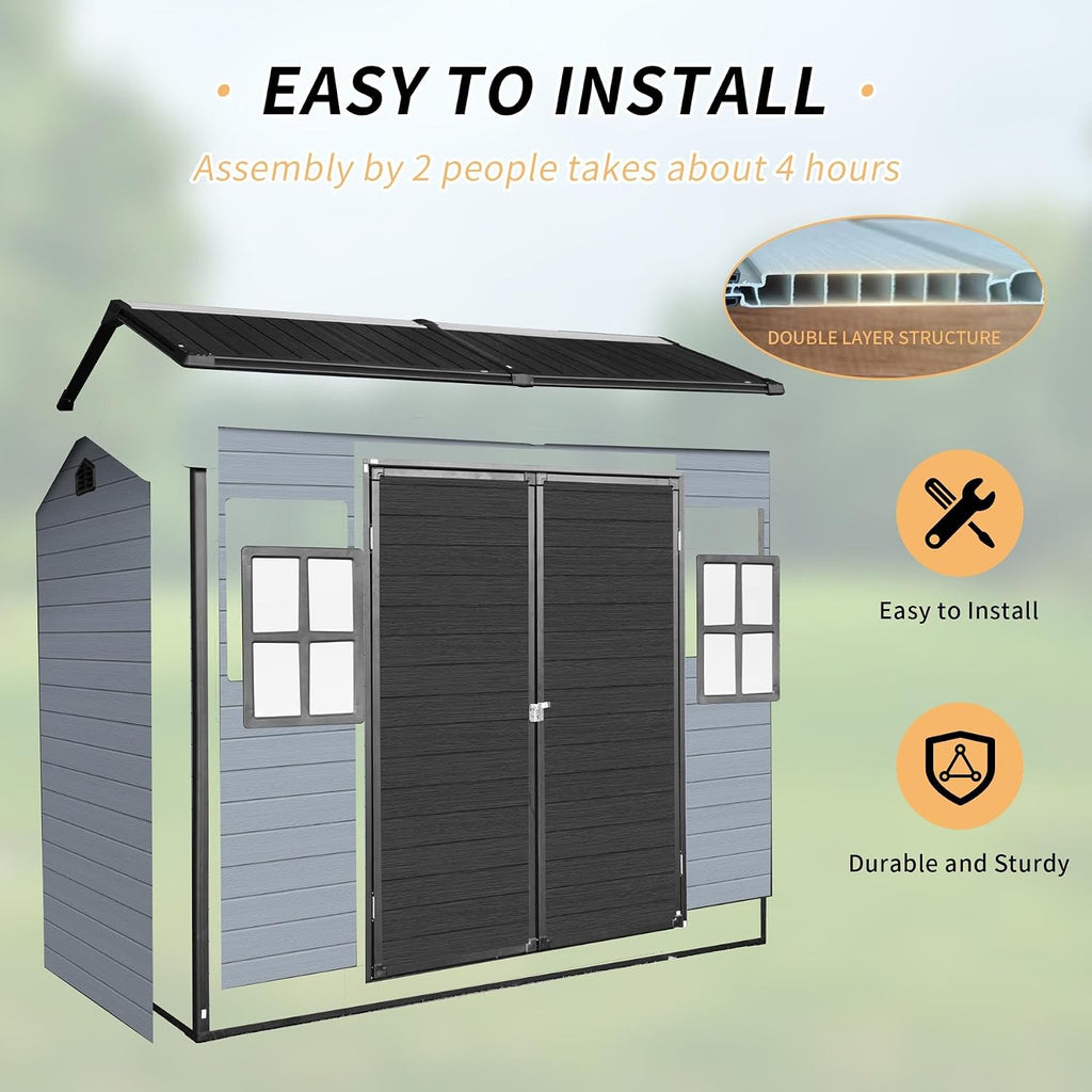 8x4FT Resin Outdoor Storage Shed with 2 Windows, Outdoor Storage Shed with Floor Lockable Door for Garden Tools, Bicycles, Trash Cans, Gray+Black (8x4 FT Steel)