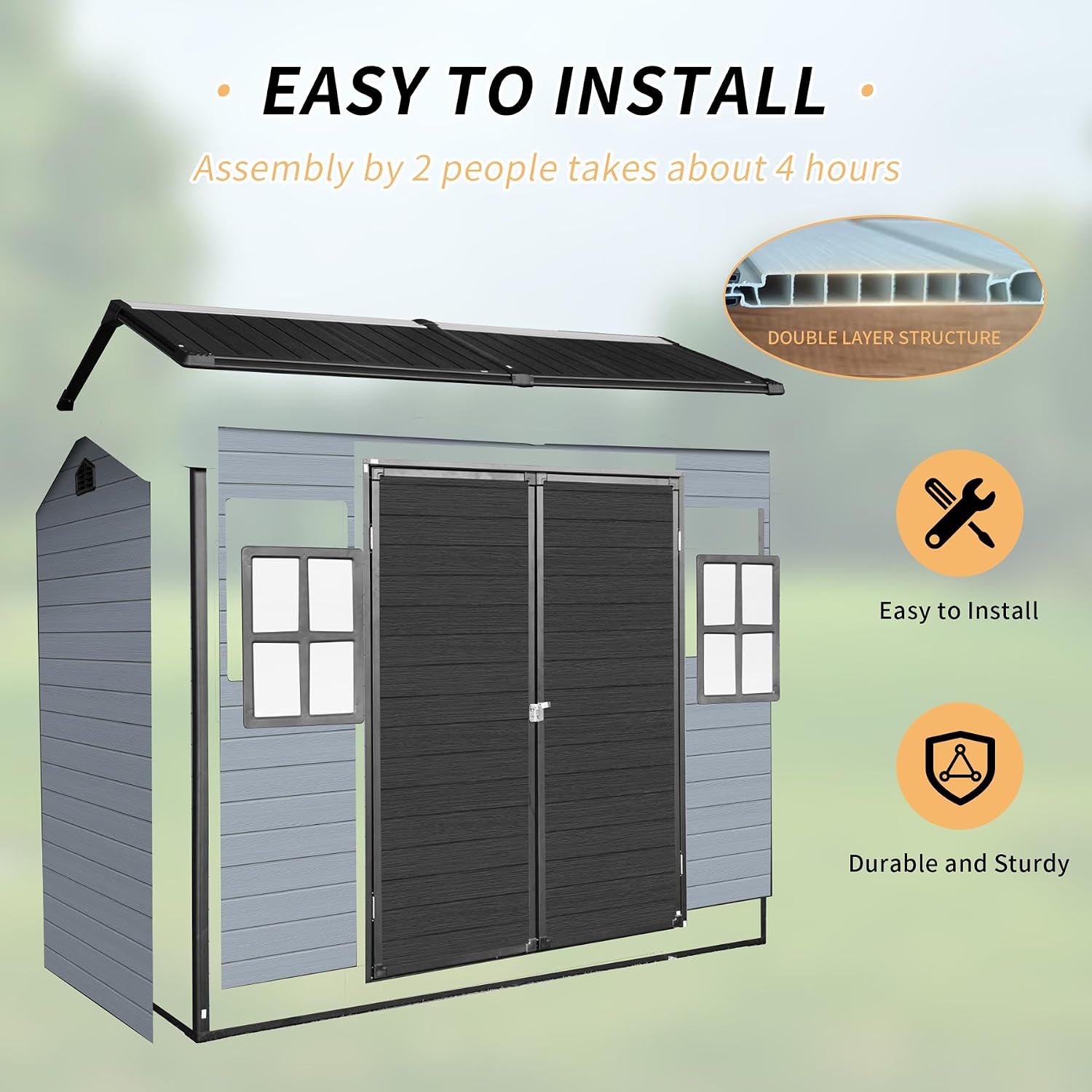 8x4FT Resin Outdoor Storage Shed with 2 Windows, Outdoor Storage Shed with Floor Lockable Door for Garden Tools, Bicycles, Trash Cans, Gray+Black (8x4 FT Steel)