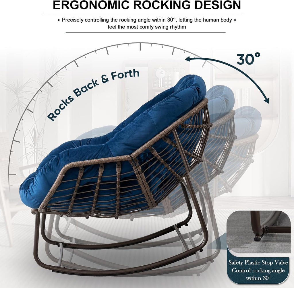 Outdoor Rocking Chair Set of 2, Patio Oversized Rattan Egg Rocking Chair, Indoor Outside Padded Cushion Rocker Recliner Chair, Modern Lounge Chair for Front Porch, Garden, Backyard, Balcony, Navy Blue