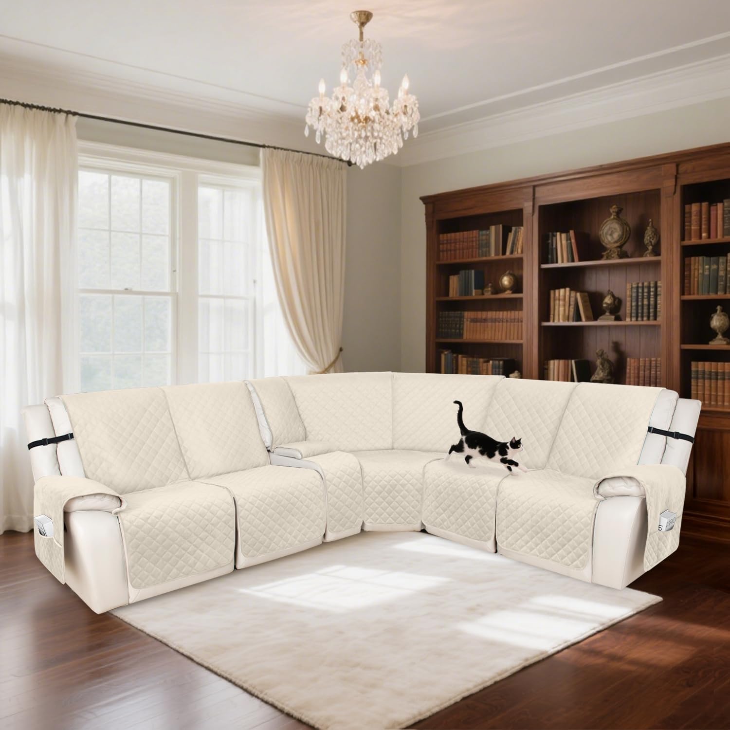 HDCAXKJ 100% Waterproof Velvet Recliner Sectional Couch Covers L Shaped Corner Reclining Sofa Cover Washable Thick Non Slip Sectional Slipcover with Pockets (5 Seat and 1 Middle Console, Beige)