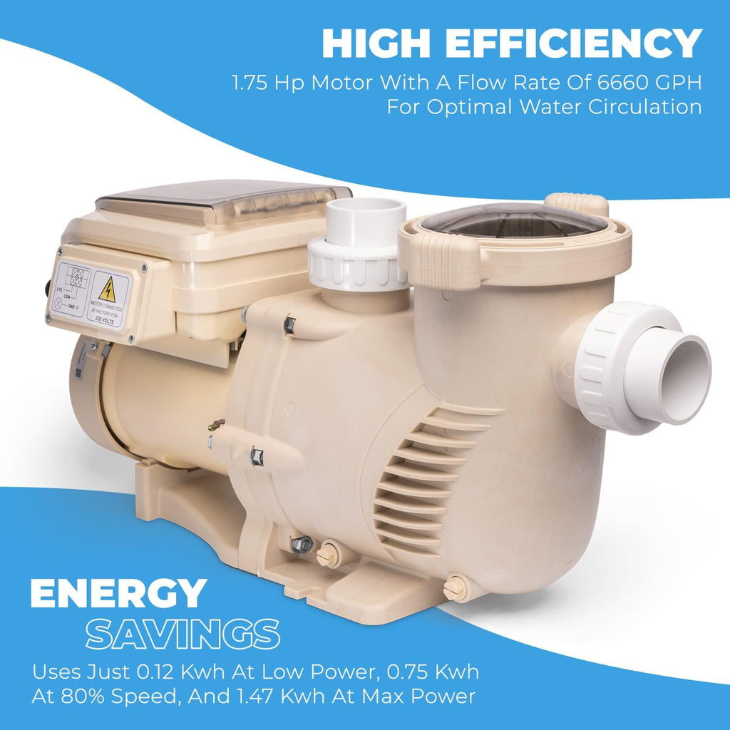 XtremepowerUS 1.75 HP Variable Speed Swimming Pool Pump 230V, In-Ground Pool, 6,660 GPH High Performance Max 1.75HP with Adapter Fitting Set (Inlet Fitting 1.5' / 2')