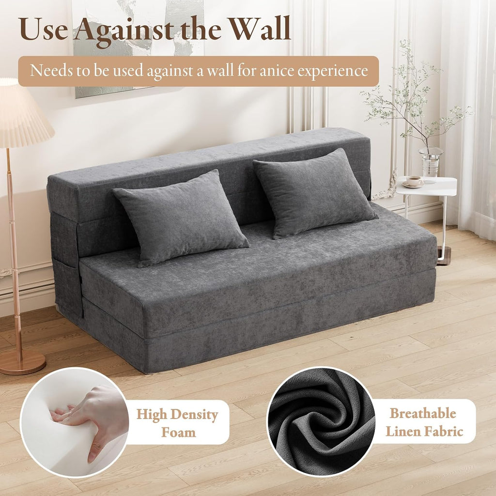 HOMFINE Folding Sofa Bed - Convertible Sleeper Chair with Pillow, Fold Out Couch, Memory Foam Floor Mattress, Futon Couch, Lazy Sofa for Living Room/Dorm/Guest Room/Home Office, Grey, Queen Size