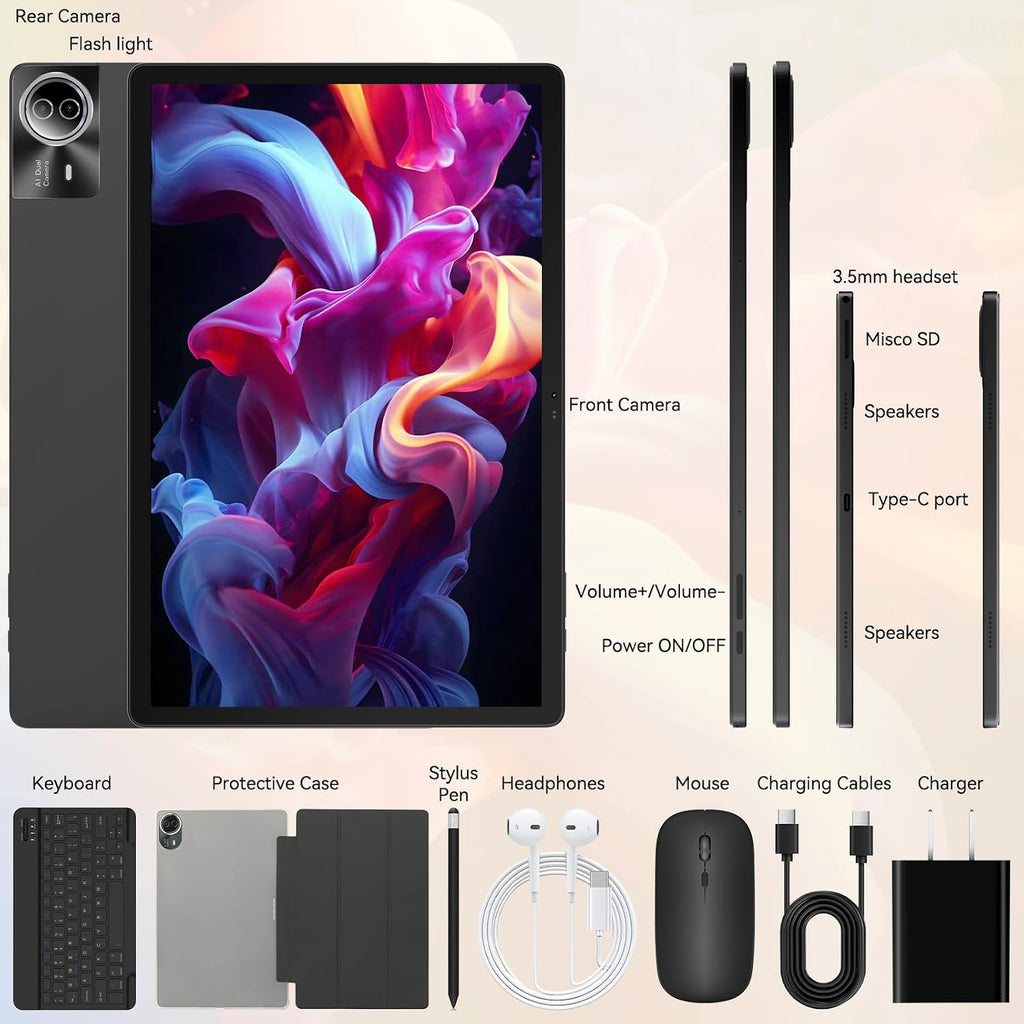 Urao Tablet｜14 inch Android 16 Tablet｜30GB RAM 256GB ROM ｜1920 * 1200 IPS FHD｜10000mAh 30W Fast Charging｜Octa-core Processor｜Wi-Fi 6, BT 5.4｜Dual Camera with Gemini AI｜Keyboard｜Stylus｜Case｜Headphone
