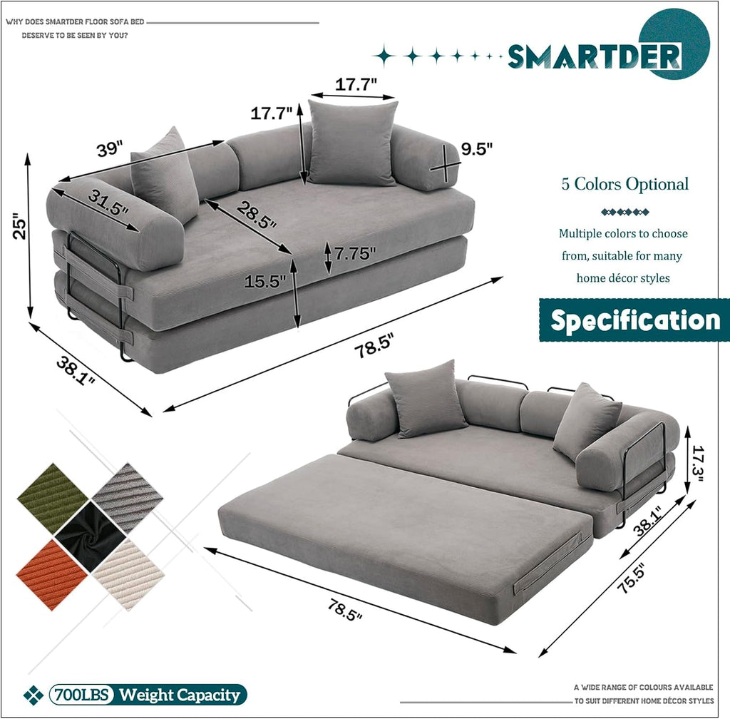 Convertible Folding Sofa Bed, Modular Floor Sofa with Removable Backrest, 3-Seater Fold Out Couch Bed with Pillows, King Size Futon Lazy Couch Corduroy Sleeper for Living Room, Dorm, Grey