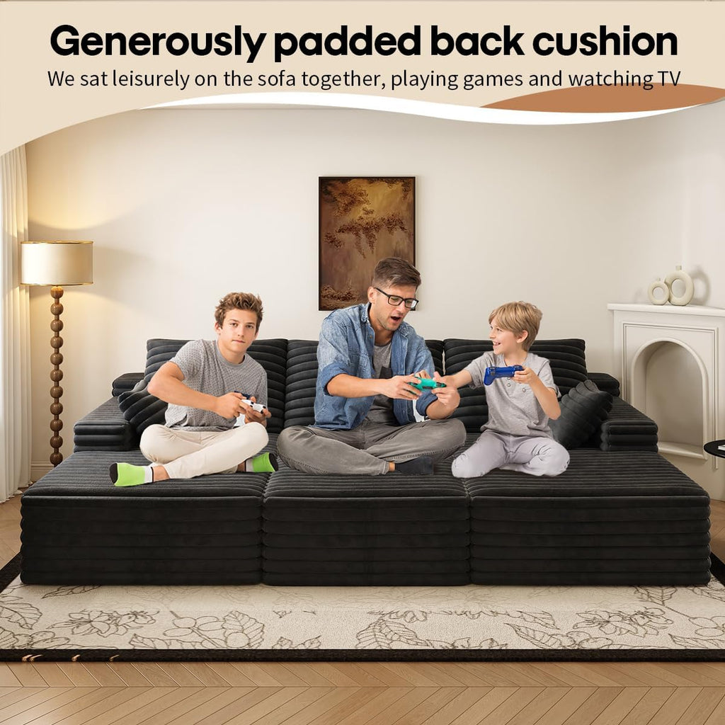 Oversized Lounge Chaise,Cloud Plush Sofa Bed,Upholstered Boneless Cloud Sofa Deep Seat,No Assembly Required,Modern Corduroy Sleeper 3 Seater Chair for Living Room Bedroom Reading,Black