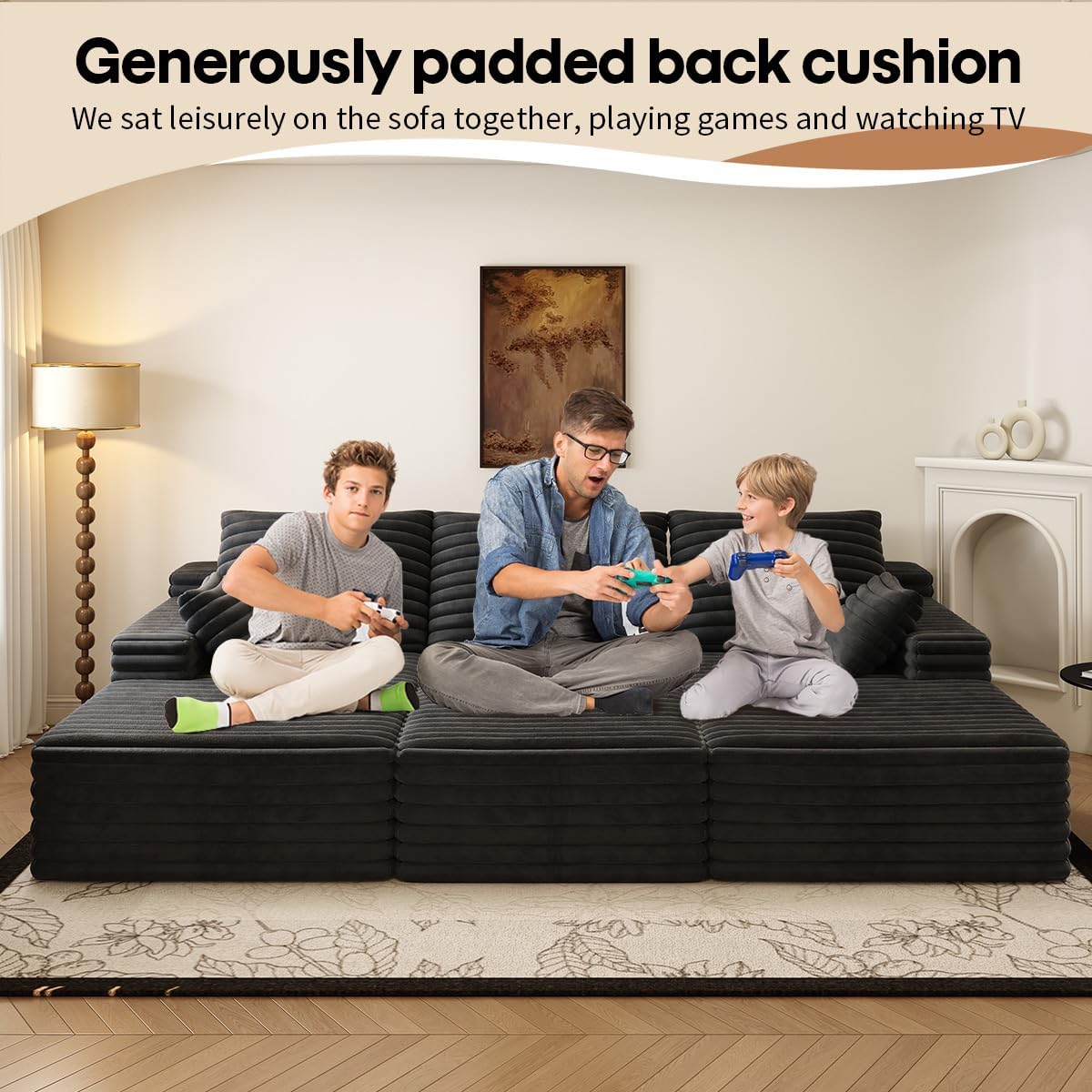 Oversized Lounge Chaise,Cloud Plush Sofa Bed,Upholstered Boneless Cloud Sofa Deep Seat,No Assembly Required,Modern Corduroy Sleeper 3 Seater Chair for Living Room Bedroom Reading,Black
