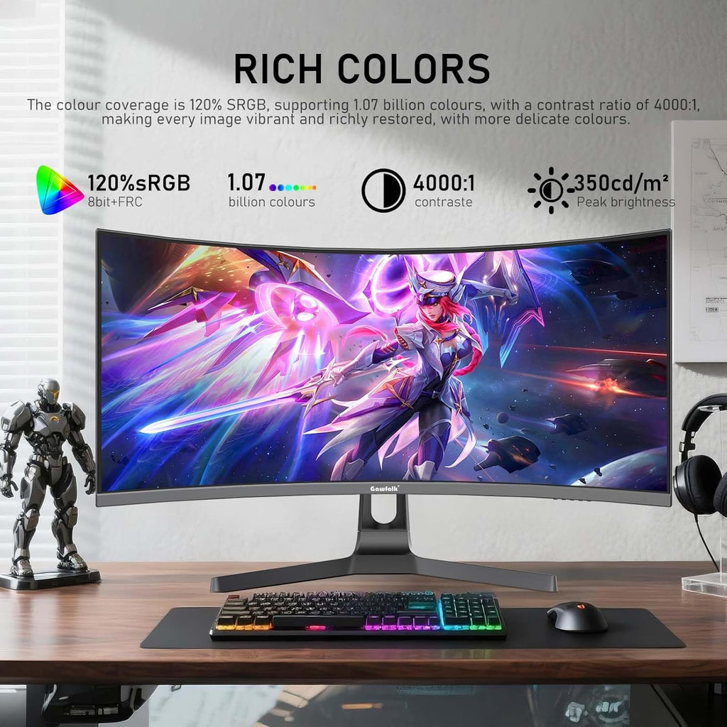 Gawfolk 34 Inch Ultrawide Curved 200Hz Gaming Computer Monitor,1500R PC Screen 21:9 UWQHD (3440x1440),120% sRGB,Adaptive Sync,Built-in Speaker,HDMI、Display Port,Compatible with Wall mounting-Black